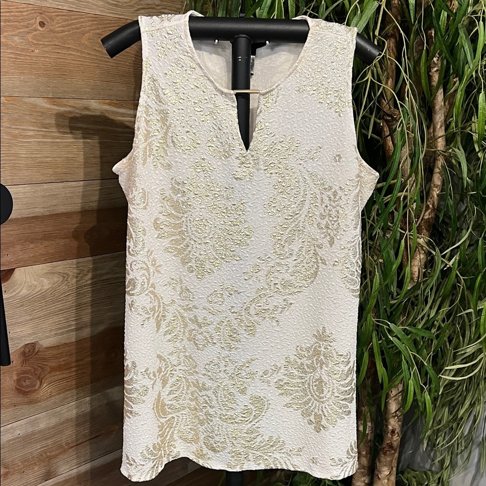 Ashley Stewart white and gold brocade tunic tank with gold neck detail. 14